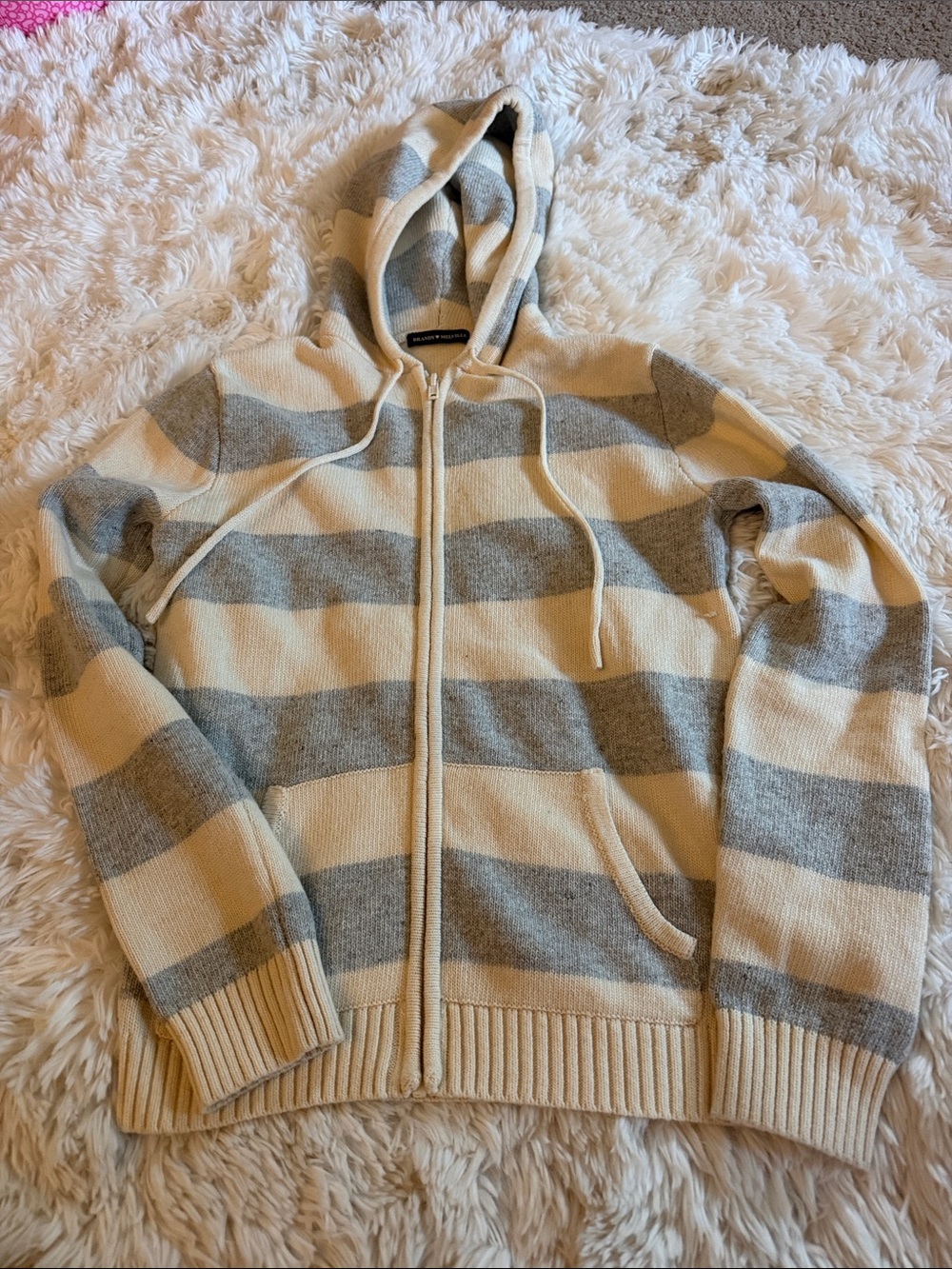 Brandy Melville Cream and Light Gray Striped Zip Hoodie